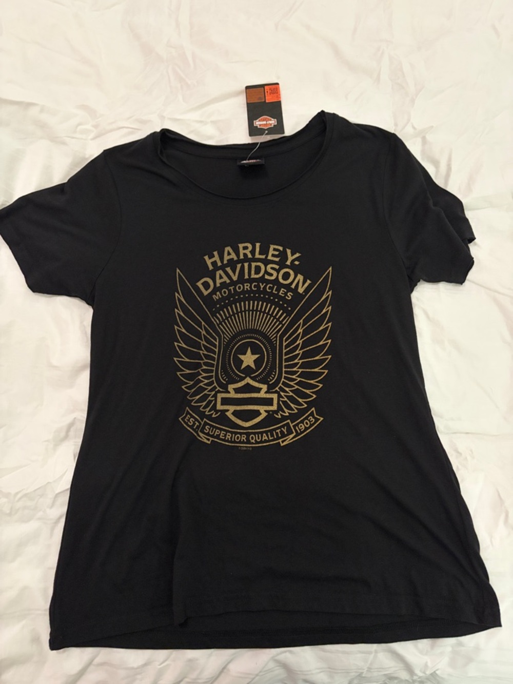 Harley-Davidson Black Tee with Gold Winged Crest Graphic